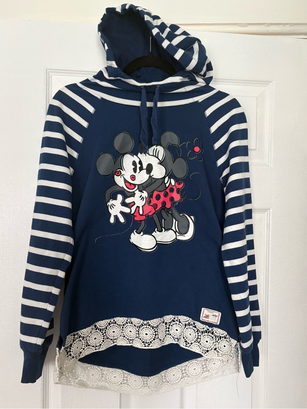Disney Parks Mickey & Minnie Lace Trim Striped Hoodie Sweatshirt Size L
